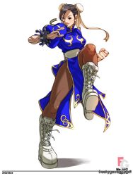 Rule 34 | 1girl, black eyes, black hair, blue dress, boots, bracelet, breasts, brown hair, brown pantyhose, bun cover, capcom, china dress, chinese clothes, chun-li, clenched hand, cross-laced footwear, dated, double bun, dress, earrings, falcoon, fighting stance, frills, full body, hair bun, high heel boots, high heels, jewelry, knee boots, large breasts, leg lift, lips, looking at viewer, pantyhose, pelvic curtain, puffy short sleeves, puffy sleeves, ribbon, sash, shadow, short hair, short sleeves, side slit, simple background, solo, spiked bracelet, spikes, standing, standing on one leg, street fighter, swept bangs, thick thighs, thighs, turtleneck, watermark, web address, white background