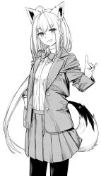 Rule 34 | 1girl, absurdres, ahoge, ahoyhoi, animal ears, blazer, blush, bow, bowtie, braid, breasts, commentary request, fox ears, fox girl, fox shadow puppet, fox tail, greyscale, grin, hair between eyes, hand in pocket, highres, hololive, jacket, long hair, long sleeves, looking at viewer, monochrome, open clothes, open jacket, pantyhose, pentagram, pleated skirt, shirakami fubuki, shirt, sidelocks, simple background, single braid, skirt, small breasts, smile, solo, tail, virtual youtuber, white background