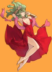 Rule 34 | 1girl, absurdres, alternate costume, barefoot, bracelet, breasts, cleavage, closed mouth, commentary, dress, english commentary, fire emblem, fire emblem awakening, formal, green eyes, green hair, hair ornament, highres, jewelry, large breasts, legs, long hair, looking at viewer, lying, nintendo, pointy ears, red dress, sakuremi, signature, simple background, sleeveless, sleeveless dress, smile, solo, thighs, tiki (adult) (fire emblem), tiki (fire emblem), toes, yellow background