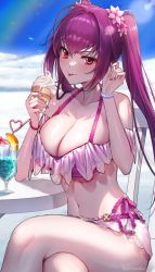 Rule 34 | 1girl, absurdres, bikini, blush, breasts, cleavage, cocktail glass, crazy straw, crossed legs, cup, drinking glass, drinking straw, fate/grand order, fate (series), fingernails, flower, food, food on face, frilled bikini, frills, hair between eyes, hair flower, hair intakes, hair ornament, heart straw, highres, holding, holding food, holding ice cream, ice cream, ice cream cone, large breasts, long hair, looking at viewer, nail polish, off-shoulder bikini, off shoulder, outdoors, purple bikini, purple flower, purple hair, purple nails, red eyes, scathach (fate), scathach skadi (fate), scathach skadi (swimsuit ruler) (fate), scathach skadi (swimsuit ruler) (first ascension) (fate), snow, solo, swimsuit, table, tongue, tongue out, twintails, upper body, white flower, yayoi maka