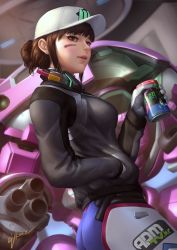 Rule 34 | 1girl, alternate hairstyle, ass, blue bodysuit, bodysuit, breasts, brown eyes, brown hair, can, clothes writing, commentary, d.va (overwatch), dirty, dirty face, drink can, ejikure, gloves, hair bun, hand in pocket, hat, headphones, headphones around neck, highres, jacket, mecha, medium breasts, nano cola, overwatch, overwatch 1, parted lips, robot, shooting star d.va, signature, single hair bun, soda can, solo