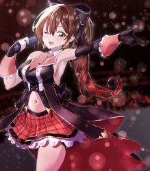 Rule 34 | .live, alternate costume, armpits, blurry, blurry background, blush, bow, breasts, brown hair, commentary request, detached sleeves, fingerless gloves, gloves, hair bow, highres, long hair, looking at viewer, medium breasts, microphone, navel, one eye closed, open mouth, red eyes, sleeveless, solo, stage, stigma2021, virtual youtuber, yaezawa natori