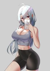 Rule 34 | 1girl, absurdres, ahoge, bare arms, bare shoulders, bike shorts, black shorts, breasts, cleavage, commission, covered navel, cowboy shot, crop top, grey background, high-waist shorts, highres, holding, impossible clothes, impossible shirt, large breasts, long hair, looking at viewer, maanu, midriff, original, phone, red eyes, second-party source, selfie, shio (shirone), shirt, short shorts, shorts, simple background, sleeveless, sleeveless shirt, solo, strap gap, white hair, white shirt