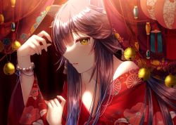 Rule 34 | 1girl, animal ears, bead bracelet, beads, bell, bracelet, commentary request, floral print, hand up, haruhitooo, highres, holding own arm, horse ears, japanese clothes, jewelry, jingle bell, kimono, lantern, long hair, looking at viewer, narita brian (umamusume), off shoulder, paper lantern, purple hair, red kimono, sidelocks, sideways glance, sideways mouth, solo, umamusume, upper body, yellow eyes