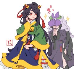 Rule 34 | 2girls, absurdres, adapted costume, artist name, black hair, covered eyes, fang, flower, flower on head, hanbok, heart, highres, horns, korean clothes, long hair, long sleeves, multiple girls, nippaku zanmu, nunrb, oni horns, open mouth, purple flower, red eyes, signature, simple background, smile, sparkle, touhou, unfinished dream of all living ghost, white background, wide sleeves, yomotsu hisami