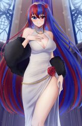 Rule 34 | 1girl, alear (female) (fire emblem), alear (fire emblem), bead necklace, beads, blue eyes, blue hair, breasts, cleavage, cleavage cutout, clothing cutout, crossed bangs, doiparuni, dress, dress flower, earrings, fire emblem, fire emblem engage, flower, fur shawl, hair flower, hair ornament, hand on own chest, heterochromia, highres, jewelry, large breasts, long hair, looking at viewer, multicolored hair, necklace, nintendo, red eyes, red hair, shawl, side slit, smile, solo, split-color hair, tiara, two-tone hair, very long hair