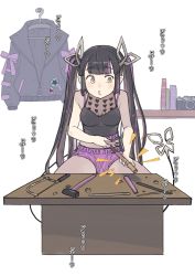Rule 34 | 1girl, black hair, black jacket, black shirt, blouse, blunt bangs, blush, book, bookshelf, breasts, camera, cleavage, commentary request, crop top, cross-laced clothes, cross-laced sleeves, demon girl, demon horns, demon tail, female focus, full body, hacksaw, hammer, hanarito, heart, heart print, holding, holding hammer, horns, jacket, jewelry, kojo anna, kojo anna (1st costume), long hair, long sleeves, looking to the side, mallet, medium breasts, multicolored hair, nanashi inc., o3o, pointy ears, print shirt, purple hair, ring, ruler, saw, see-through, see-through cleavage, see-through shirt, shirt, sleeveless, sleeveless shirt, solo, sugar lyric, table, tail, translation request, twintails, two-tone hair, unworn jacket, virtual youtuber, yellow eyes