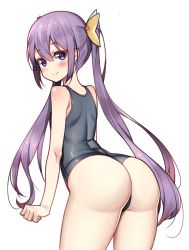 Rule 34 | 1girl, ass, bare shoulders, blue one-piece swimsuit, blush, closed mouth, from behind, hair between eyes, hair ribbon, hop3, long hair, looking at viewer, one-piece swimsuit, original, purple eyes, purple hair, ribbon, school swimsuit, sidelocks, simple background, smile, solo, swimsuit, twintails, very long hair, white background, yellow ribbon