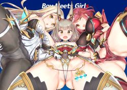 Rule 34 | 3girls, animal ears, armor, ass, black legwear, blonde hair, blush, breasts, cat ears, cleavage, covered navel, earrings, fingerless gloves, flat chest, from below, gem, gloves, headpiece, highleg, highleg leotard, jewelry, koumo, large breasts, leotard, long hair, looking at viewer, multiple girls, mythra (massive melee) (xenoblade), mythra (xenoblade), nia (blade) (xenoblade), nia (xenoblade), nintendo, panties, pantyhose, pussy cutout, pyra (xenoblade), red eyes, red hair, red shorts, ribbon, short hair, short shorts, shorts, shoulder armor, silver hair, spoilers, swept bangs, thigh strap, thighhighs, tiara, twintails, underwear, very long hair, white gloves, xenoblade chronicles (series), xenoblade chronicles 2, yellow eyes, yellow ribbon