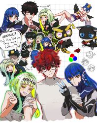 Rule 34 | &gt; &lt;, 1girl, :3, :d, absurdres, alternate hair color, amamiya ren, amanozako (megami tensei), andrich galam, androgynous, armor, arrest, atlus, bird, black gloves, black hair, blue bodysuit, blue hair, blunt bangs, blush, bodysuit, bodysuit pull, bottle, card, cat, collared shirt, colored inner hair, crossover, eyelashes, frown, fur trim, glasses, gloves, green hair, hair ornament, half gloves, highres, holding, holding bottle, in-franchise crossover, jacket, japanese clothes, long hair, looking at viewer, medium hair, mini person, minigirl, morgana, multicolored hair, multiple boys, open mouth, owl, persona, persona 5, pointy ears, police, protagonist (smtv), purple hair, red eyes, red hair, ringo (soul hackers 2), shin megami tensei, shin megami tensei v, shirt, short hair, short hair with long locks, sidelocks, simple background, smile, soul hackers, soul hackers 2, sweater, tengu, trap, turtleneck, turtleneck sweater, two-tone hair, vest, white background, white shirt, wings, xd, yellow eyes, yellow pupils