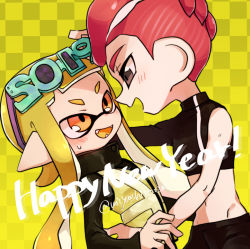 Rule 34 | 1boy, 1girl, :d, agent 3 (splatoon), agent 8 (splatoon), black eyes, blonde hair, checkered background, colored tongue, eyewear on head, fangs, happy new year, inkling, inkling girl, inkling player character, long hair, long sleeves, looking at another, miyashiro, mohawk, navel, new year, nintendo, octoling, octoling boy, octoling player character, open mouth, orange eyes, pointy ears, red hair, short hair, single sleeve, smile, splatoon (series), splatoon 2, splatoon 2: octo expansion, squidbeak splatoon, tentacle hair, twitter username, vest, yellow tongue, yellow vest