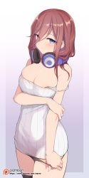 Rule 34 | 1girl, areola slip, arm grab, arm under breasts, bare arms, bare shoulders, black panties, black thighhighs, blue eyes, blush, breast hold, breasts, cleavage, commentary, dress, english commentary, eyes visible through hair, go-toubun no hanayome, hair between eyes, headphones, headphones around neck, highres, large breasts, long hair, looking at viewer, nakano miku, panties, panty pull, parted lips, patreon logo, patreon username, pulled by self, red hair, ribbed dress, short dress, simple background, sleeveless, sleeveless dress, solo, strap slip, thighhighs, underwear, waero, watermark, web address, white dress