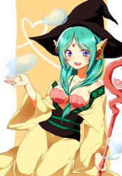 Rule 34 | 1girl, aqua hair, bad id, bad pixiv id, bare shoulders, between breasts, blue eyes, breasts, front ponytail, hat, heart, long hair, magi the labyrinth of magic, open mouth, shell, shell bikini, smile, solo, staff, witch hat, yamuraiha, yarawi