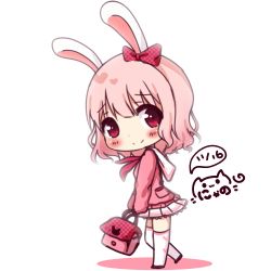 Rule 34 | 1girl, animal ears, bag, blush, bow, chibi, closed mouth, colored shadow, commentary request, dated, hair between eyes, hair bow, heart, holding, holding bag, long hair, neckerchief, nyano21, original, pink hair, pink sweater, pleated skirt, polka dot, polka dot bow, rabbit ears, red bow, red eyes, red neckerchief, sailor collar, school uniform, serafuku, shadow, signature, skirt, smile, solo, sweater, thighhighs, white background, white sailor collar, white skirt, white thighhighs