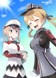 Rule 34 | 3girls, ahenn, anchor, anchor hair ornament, black skirt, blonde hair, blue sky, breasts, capelet, cloud, cowboy shot, cross, crossed arms, day, closed eyes, graf zeppelin (kancolle), grey eyes, hair between eyes, hair ornament, hat, iron cross, kantai collection, large breasts, low twintails, microskirt, military, military uniform, miniskirt, multiple girls, necktie, open mouth, outdoors, peaked cap, pleated skirt, prinz eugen (kancolle), sidelocks, skirt, sky, teeth, twintails, u-511 (kancolle), uniform