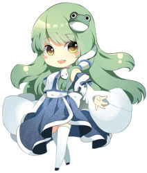 Rule 34 | 1girl, blush stickers, chibi, female focus, frog, green hair, hair ornament, kochiya sanae, long hair, lowres, outstretched hand, roh nam kyung, simple background, snake, solo, thighhighs, touhou, white thighhighs, yellow eyes