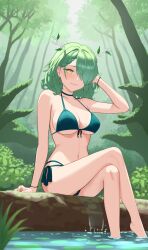 Rule 34 | 1girl, bare shoulders, barefoot, bikini, braid, branch, breasts, ceres fauna, cleavage, crossed legs, diptip, forest, front-tie bikini top, front-tie top, grass, green bikini, green hair, hair over one eye, highres, hololive, hololive english, large breasts, leaf, log, long hair, looking at viewer, mole, mole under eye, nature, navel, smile, solo, swimsuit, thighs, tree, virtual youtuber, water, yellow eyes