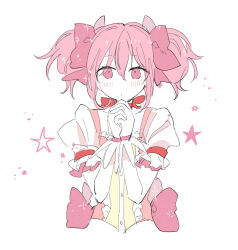 Rule 34 | 1girl, blush, bow, bright pupils, buttons, center frills, choker, collarbone, cropped torso, expressionless, eyelashes, flat color, frilled sleeves, frills, gloves, hair between eyes, hair ribbon, hands up, interlocked fingers, kaname madoka, looking at viewer, mahou shoujo madoka magica, mahou shoujo madoka magica (anime), no nose, own hands clasped, own hands together, parted lips, pastel colors, pink bow, pink eyes, pink hair, pink ribbon, pink theme, pipi o (pipioo08), puffy short sleeves, puffy sleeves, red choker, red ribbon, ribbon, ribbon choker, short sleeves, short twintails, sidelocks, simple background, solo, sparkle, star (symbol), starry background, twintails, upper body, waist bow, white background, white gloves, white pupils
