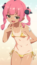 Rule 34 | 1girl, alternate costume, bikini, black eyes, black hair, blush, breasts, commentary request, coral (pokemon), creatures (company), fang, game freak, gold bikini, highres, looking at viewer, micro bikini, multicolored hair, navel, nintendo, om (nk2007), one-piece tan, open mouth, pink hair, pokemon, pokemon (anime), pokemon horizons, side-tie bikini bottom, small breasts, smug, solo, swimsuit, tan, tanline, thigh gap, twintails, two-tone hair, v