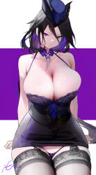 Rule 34 | 1girl, black corset, black hair, black thighhighs, bra, breasts, clorinde (genshin impact), closed mouth, corset, detached collar, garter straps, genshin impact, hat, highres, large breasts, looking at viewer, miniskirt, omone hokoma agm, panties, pencil skirt, purple bra, purple eyes, purple panties, sitting, skirt, solo, thighhighs, thighs, tricorne, underwear