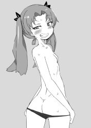Rule 34 | 1girl, ass, back, blush, bow, female focus, flat chest, from behind, girls und panzer, grin, hair bow, kadotani anzu, long hair, looking at viewer, looking back, monochrome, naughty face, ngc20701, no bra, panties, panty pull, simple background, smile, solo, sweat, twintails, underwear, upper body