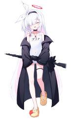 Rule 34 | 1girl, black choker, black coat, black hairband, blue archive, blush, braid, choker, coat, collarbone, colored inner hair, covered navel, crocs, facing viewer, full body, gun, hair over one eye, hairband, halo, highres, holding, holding gun, holding weapon, long hair, multicolored hair, name tag, one-piece swimsuit, open clothes, open coat, open mouth, pink hair, plana (blue archive), red halo, school swimsuit, shirokuma (zeroillya), simple background, single braid, smile, solo, swimsuit, weapon, white background, white hair, white one-piece swimsuit, yellow footwear