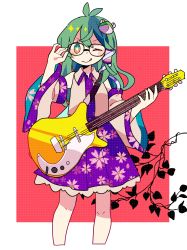 Rule 34 | 1girl, :q, bad id, bad pixiv id, black-framed eyewear, blue skirt, daizu (melon-lemon), detached sleeves, electric guitar, frog hair ornament, glasses, green eyes, green hair, guitar, hair ornament, highres, instrument, japanese clothes, kochiya sanae, long hair, nontraditional miko, one eye closed, pleated skirt, skirt, smile, solo, tongue, tongue out, touhou, wide sleeves