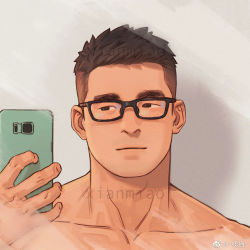 Rule 34 | 1boy, bespectacled, black eyes, black hair, closed mouth, collarbone, glasses, looking at phone, male focus, mirror, original, phone, portrait, profile picture, realistic, selfie, solo, spiked hair, thick eyebrows, topless male, undercut, xian miao
