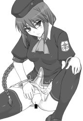 Rule 34 | 00s, censored, greyscale, melty blood, monochrome, panties, panty pull, shichimenchou, sion eltnam atlasia, solo, thighhighs, tsukihime, type-moon, underwear