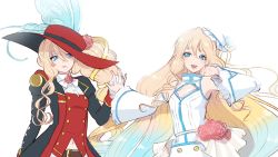 Rule 34 | 2girls, bad id, bad twitter id, blonde hair, cavalier hat, cleavage cutout, clothing cutout, detached sleeves, dress, dual persona, flower, gloves, haruno sora, hat, holding hands, interlocked fingers, long hair, looking at another, mole, mole under mouth, multiple girls, musketeer, red hat, rose, side ponytail, simple background, smile, upper body, vocaloid, voiceroid, white background, white dress
