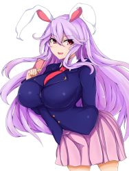 Rule 34 | 1girl, :d, animal ears, arched back, blazer, blush, breasts, cowboy shot, crescent, crescent pin, highres, huge breasts, jacket, light purple hair, long hair, long sleeves, looking at viewer, miniskirt, necktie, open mouth, pink skirt, pleated skirt, purple hair, rabbit ears, red necktie, reisen udongein inaba, sidelocks, skirt, smile, solo, sprout (33510539), swept bangs, touhou, very long hair