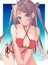 Rule 34 | bikini, blue background, blue eyes, breasts, cleavage, criss-cross halter, gradient background, grey hair, halterneck, highres, kuro neko (38-21), large breasts, long hair, love live!, love live! nijigasaki high school idol club, multi-strapped bikini bottom, parted lips, red bikini, side-tie bikini bottom, smile, swimsuit, two side up, v arms, zhong lanzhu