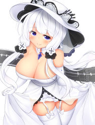 Rule 34 | 1girl, azur lane, bare shoulders, blue eyes, blush, breasts, cleavage, cowboy shot, crystal, daichi (tokoya), detached collar, dress, elbow gloves, flight deck, garter straps, gloves, hat, highres, illustrious (azur lane), jewelry, large breasts, long hair, looking at viewer, mole, mole under eye, pendant, short dress, sidelocks, simple background, skirt hold, smile, solo, thighhighs, thighs, white background, white dress, white gloves, white hair, white hat, white thighhighs, zettai ryouiki