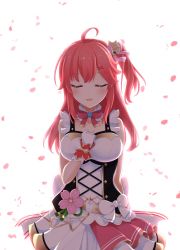 Rule 34 | 1girl, ahoge, bare shoulders, bell, blush, breasts, cherry blossoms, closed eyes, collarbone, frills, gloves, hair bell, hair ornament, highres, hololive, idol clothes, long hair, official alternate costume, one side up, open mouth, petals, pink hair, rin (0917608), sakura miko, solo, virtual youtuber, white background, white gloves