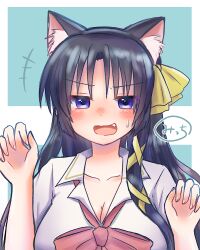 Rule 34 | :d, animal ear fluff, animal ears, aqua background, black hair, blush, bow, breasts, cat ears, cleavage, close-up, collarbone, commentary request, dress shirt, fake animal ears, fang, hair between eyes, hair bow, hair ribbon, hands up, kurugaya yuiko, large breasts, little busters!, little busters! school uniform, long hair, looking at viewer, micchi (koto maple), nervous smile, nose blush, open mouth, paw pose, pink bow, purple eyes, ribbon, school uniform, shirt, signature, simple background, smile, straight-on, sweatdrop, teeth, two-tone background, upper teeth only, very long hair, white background, white shirt, yellow bow, yellow ribbon