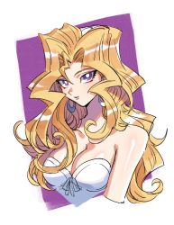 Rule 34 | 1girl, blonde hair, breasts, cleavage, closed mouth, collarbone, cropped arms, cropped torso, earrings, hair between eyes, jewelry, kujaku mai, long hair, looking at viewer, medium breasts, purple background, purple eyes, shiny skin, sketch, smile, solo, strapless, torinomaruyaki, two-tone background, very long hair, white background, yu-gi-oh!, yu-gi-oh! duel monsters