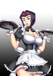 Rule 34 | 1girl, alternate costume, apron, black background, black dress, black ribbon, breasts, cleavage, cowboy bebop, cowboy shot, dress, enmaided, faye valentine, frilled apron, frilled dress, frills, gradient background, green eyes, grey background, hairband, hands up, haryudanto, large breasts, lipstick, looking at viewer, maid, maid apron, makeup, open mouth, patreon username, puffy short sleeves, puffy sleeves, red lips, ribbon, short dress, short hair, short sleeves, solo, teeth, thighs, waist apron, watermark, web address, white background, wrist cuffs