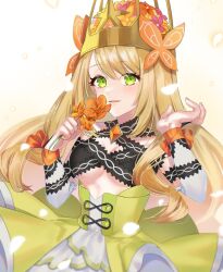 Rule 34 | 1girl, blonde hair, breasts, celine (fire emblem), cleavage, crown, dress, eyelashes, fire emblem, fire emblem engage, flower, green eyes, hair flower, hair ornament, holding, holding flower, long hair, looking at viewer, nintendo, open mouth, small breasts, smile, solo, upper body, very long hair, wooxxwoo