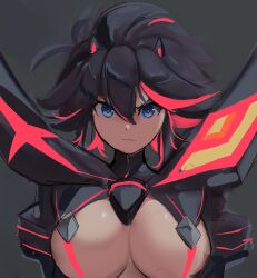 Rule 34 | 1girl, black hair, blue eyes, breasts, closed mouth, commentary, grey background, hair between eyes, highres, kill la kill, large breasts, light frown, looking at viewer, matoi ryuuko, multicolored hair, rakeemspoon, red pupils, revealing clothes, senketsu, simple background, sketch, solo, streaked hair, upper body, v-shaped eyebrows