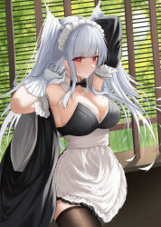 Rule 34 | 1girl, absurdres, apron, armpits, arms up, azur lane, black bow, black bowtie, bow, bowtie, breasts, cleavage, detached collar, detached sleeves, dragon girl, dragon horns, frilled apron, frills, gloves, grey hair, hair on horn, highres, horns, japanese clothes, large breasts, long hair, maid, maid apron, maid headdress, official alternate costume, red eyes, shimanto (azur lane), shimanto (the comfy dragon god) (azur lane), slqnsdl, smile, solo, wa maid, white apron, white gloves, wide sleeves