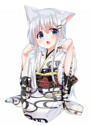 Rule 34 | 1girl, animal ears, bad id, bad pixiv id, blue eyes, cacao (chocolat), cat ears, chestnut mouth, chocola (cacao), fang, full body, hair between eyes, hair ornament, hairclip, hands up, head tilt, highres, japanese clothes, kimono, long hair, long sleeves, looking at viewer, obi, open mouth, original, print kimono, sash, sidelocks, silver hair, simple background, solo, very long hair, white background, white kimono, wide sleeves