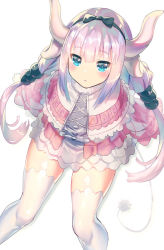 Rule 34 | 10s, 1girl, :&lt;, beads, black bow, black hairband, blue eyes, bow, capelet, cowboy shot, cross-laced clothes, dragon girl, dragon horns, frilled sleeves, frills, from above, fur trim, hair beads, hair bow, hair ornament, hairband, horns, kanna kamui, kobayashi-san chi no maidragon, light purple hair, long hair, looking at viewer, looking up, simple background, sitting, skirt, solo, tail, thighhighs, very long hair, white background, white skirt, white thighhighs, wide sleeves, yoshimoto (dear life)