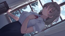 Rule 34 | 1girl, absurdres, blue sky, braid, breasts, brown hair, closed mouth, cloud, commentary request, curtains, day, highres, indoors, large breasts, looking at viewer, neck ribbon, original, purple eyes, red ribbon, ribbon, satsuki neko, shirt, short hair, short sleeves, sky, solo, white shirt, window