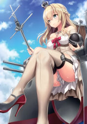 Rule 34 | 10s, 1girl, blonde hair, blue eyes, braid, breasts, clothes between thighs, cloud, cloudy sky, crossed legs, crown, day, dress, french braid, from below, garter straps, hairband, half updo, high heels, highres, holding, jewelry, kantai collection, kase daiki, long hair, machinery, medium breasts, mini crown, necklace, outdoors, red soles, shoes, sitting, sky, solo, thighhighs, warspite (kancolle)