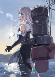 Rule 34 | 1girl, black gloves, black legwear, black serafuku, black skirt, blue eyes, blue neckerchief, braid, collared shirt, commentary request, from side, gloves, highres, kantai collection, long hair, looking at viewer, looking to the side, machinery, mole, mole under eye, neckerchief, ocean, open mouth, outdoors, pleated skirt, school uniform, sea sparkle, serafuku, shirt, single braid, skirt, sleeveless, sleeveless shirt, smokestack, solo, sugue tettou, umikaze (kancolle), very long hair, water, white hair