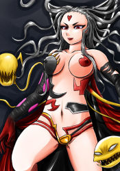 Rule 34 | 1990s (style), 1girl, bare shoulders, breasts, cleavage, cloud of darkness, dissidia final fantasy, covered erect nipples, female focus, final fantasy, final fantasy iii, grey hair, long hair, midriff, navel, pasties, red eyes, shinedimension, solo