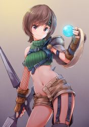 Rule 34 | 1girl, arm armor, armor, blush, breasts, brown gloves, brown shorts, crop top, cropped sweater, final fantasy, final fantasy vii, fingerless gloves, fishnets, gloves, green sweater, headband, holding, holding weapon, looking at viewer, materia, ribbed sweater, short hair, shorts, shuriken, simple background, sleeveless, sleeveless turtleneck, small breasts, solo, sweater, thigh strap, tomamatto, turtleneck, turtleneck sweater, weapon, yuffie kisaragi