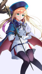 Rule 34 | 1girl, absurdres, ahoge, artoria caster (fate), artoria caster (second ascension) (fate), artoria pendragon (fate), beret, blonde hair, blue capelet, blue hat, blush, breasts, capelet, closed mouth, commentary request, dress, fate/grand order, fate (series), feet out of frame, gloves, green eyes, hair between eyes, hat, highres, holding, holding staff, long hair, long sleeves, looking at viewer, multicolored capelet, pantyhose, simple background, skirt, small breasts, smile, solo, staff, tsukise miwa, twintails, white background, white dress