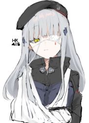 Rule 34 | 1girl, arm sling, beret, black hat, blunt bangs, cast, character name, closed mouth, eyepatch, facial mark, girls&#039; frontline, hair ornament, hat, hk416 (girls&#039; frontline), injury, jacket, long hair, silver hair, simple background, solo, upper body, white background, yellow eyes, yukke-chan