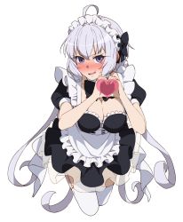 Rule 34 | 1girl, @ @, ahoge, alternate costume, blush, breasts, cleavage, embarrassed, enmaided, heart, heart hands, large breasts, long hair, looking at viewer, maid, maid headdress, open mouth, purple eyes, senki zesshou symphogear, silver hair, simple background, smile, solo, tears, thighhighs, tsukamoto kensuke, white background, white thighhighs, yukine chris